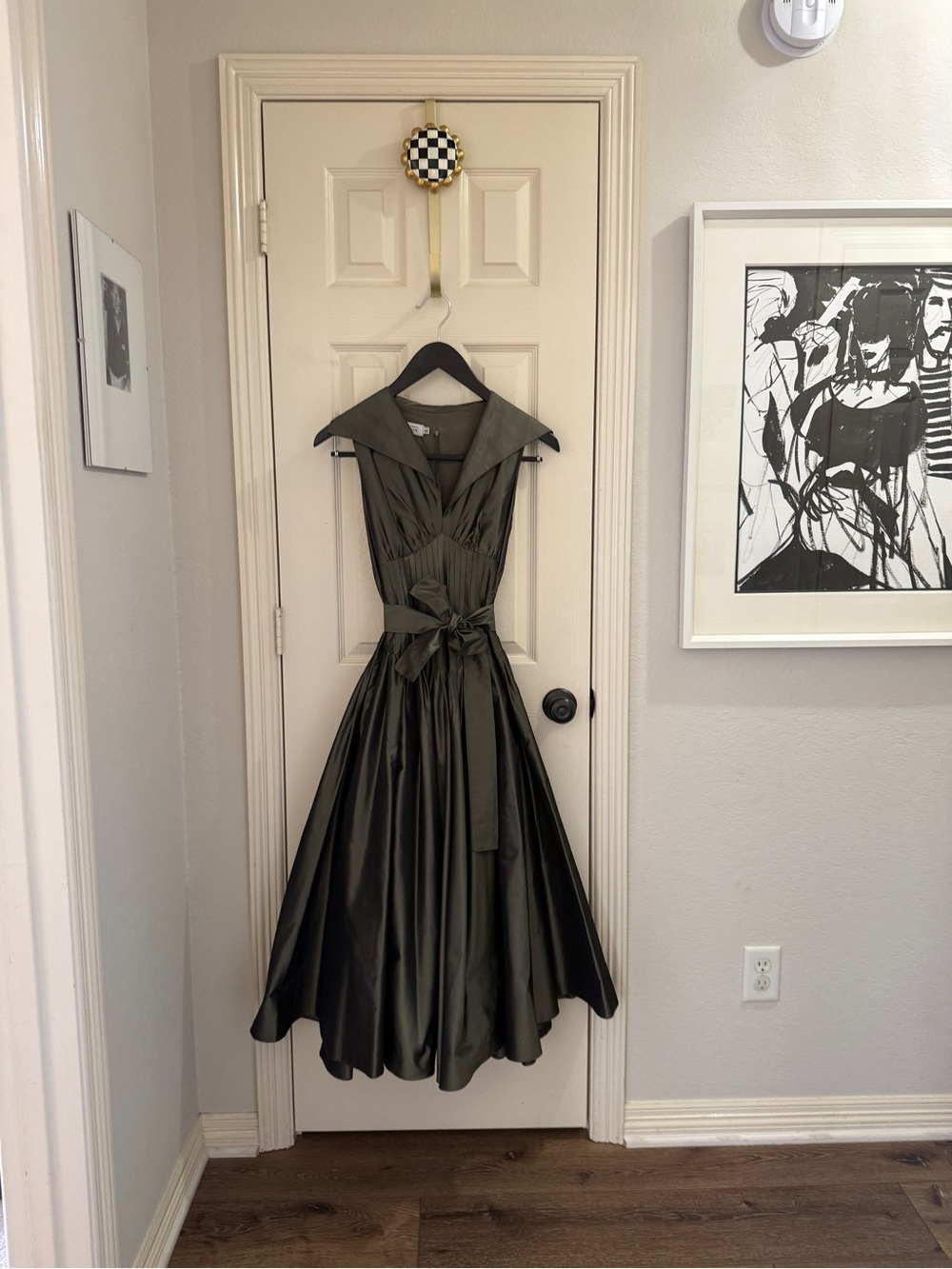 Teri Jon Olive Green Taffeta Fit‑and‑Flare Midi Dress with Pleated Waist & Bow - Picture 14 of 15